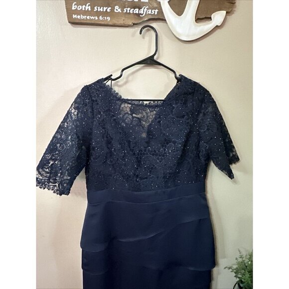 ADRIANNA Papell Blue Lace Dress Side Draped Ruched Sheer 3/4 Sleeve, Size 12 M5 - Picture 2 of 13